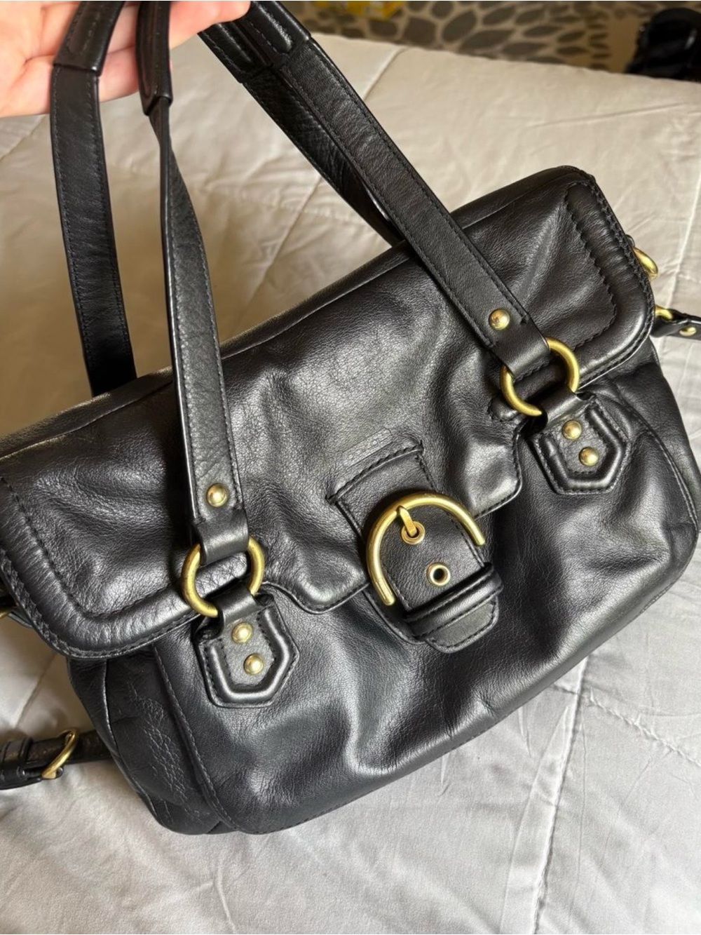 Coach Black Leather Shoulder Bag with Brass Buckle Accents
